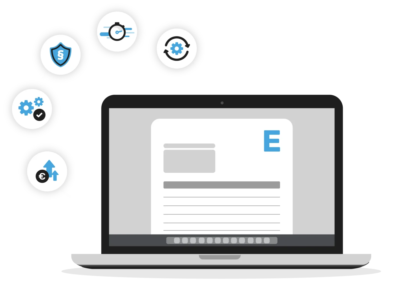 Laptop mit E-Rechnung und Workflow-Symbolen für den automatischen Empfang von E-Rechnungen