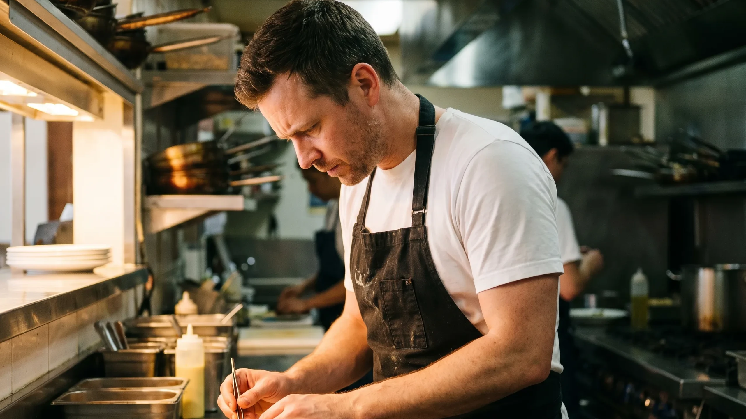 Koch richtet in einer Restaurantküche konzentriert einen Teller an