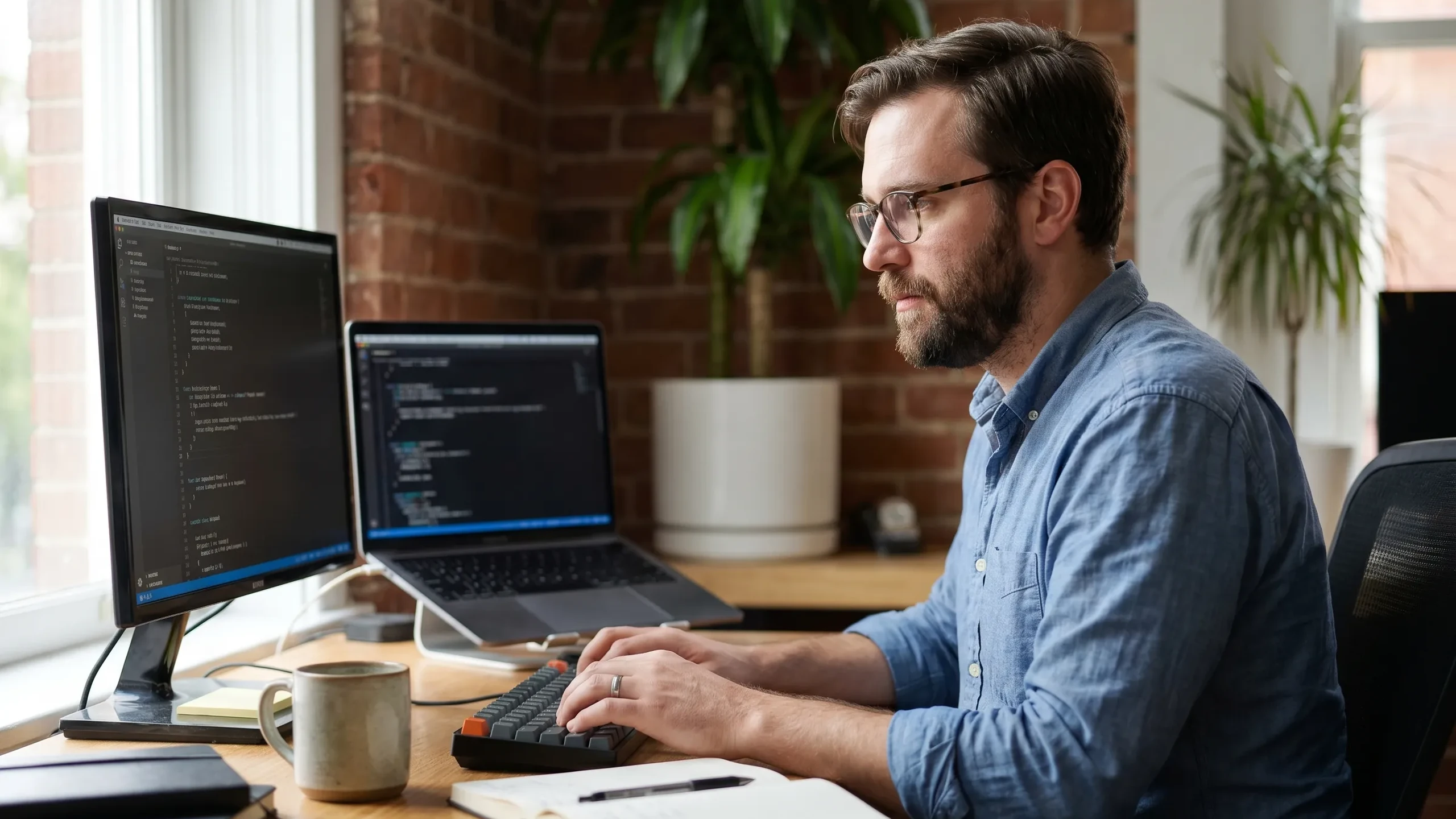 Softwareentwickler mit Brille arbeitet an zwei Bildschirmen in einem Büro mit Backsteinwand