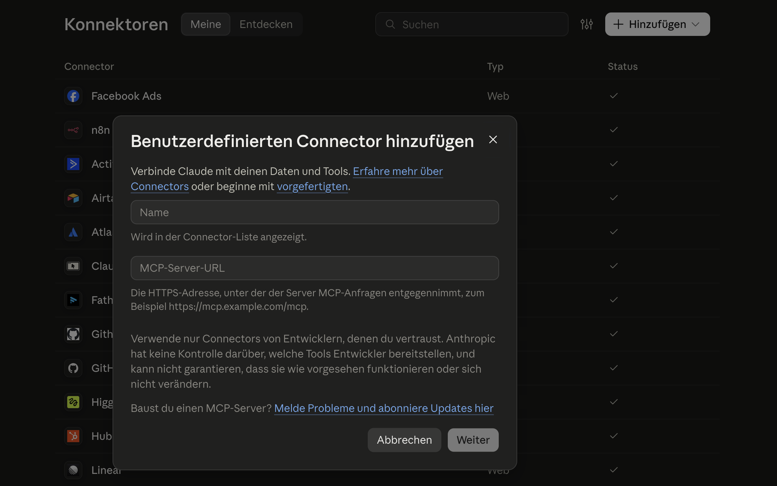 Schritt 1: Benutzerdefinierten Connector in Claude mit Name und MCP-Server-URL hinzufügen