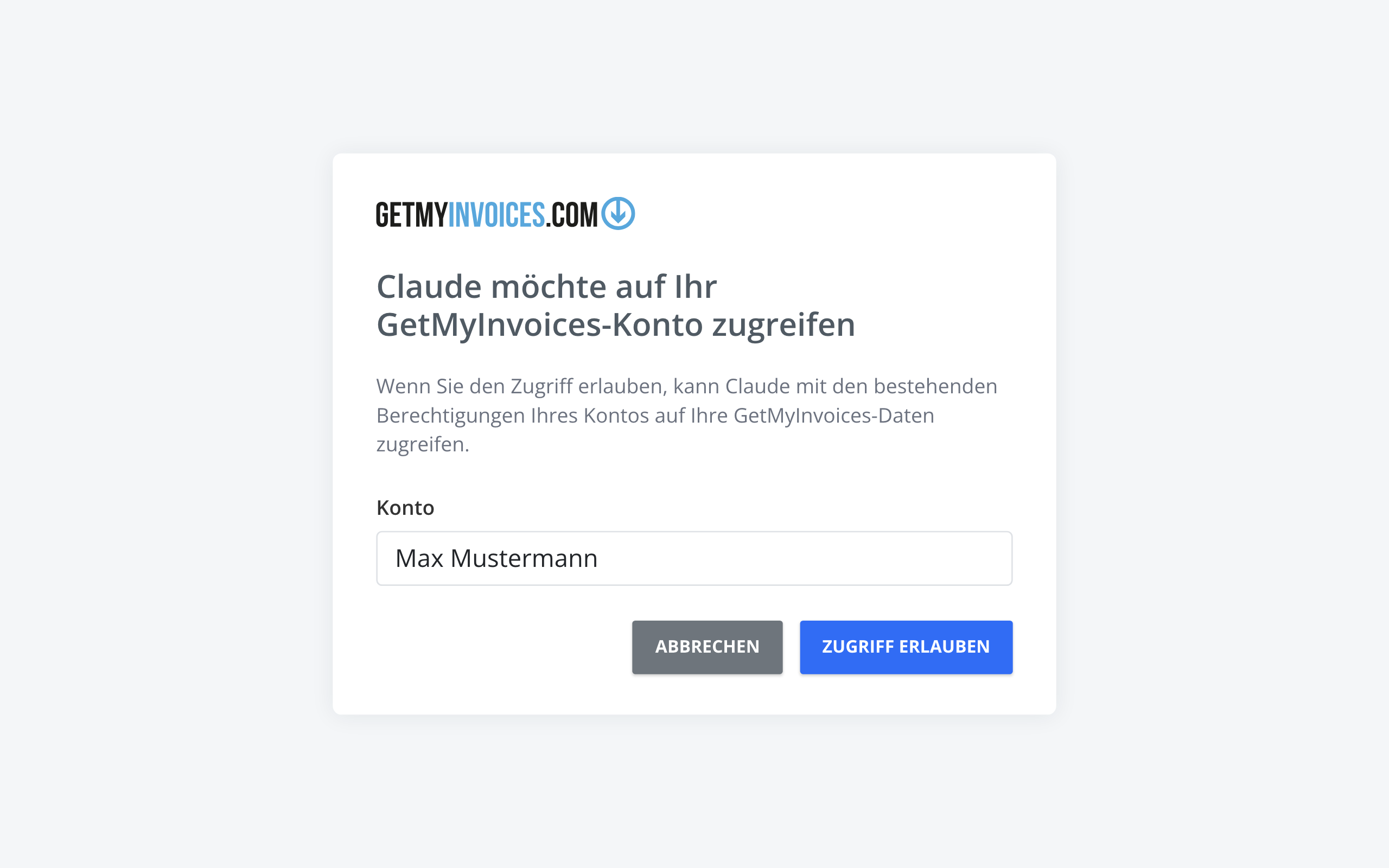 Schritt 2: GetMyInvoices fragt, ob Claude auf Ihr GetMyInvoices-Konto zugreifen darf