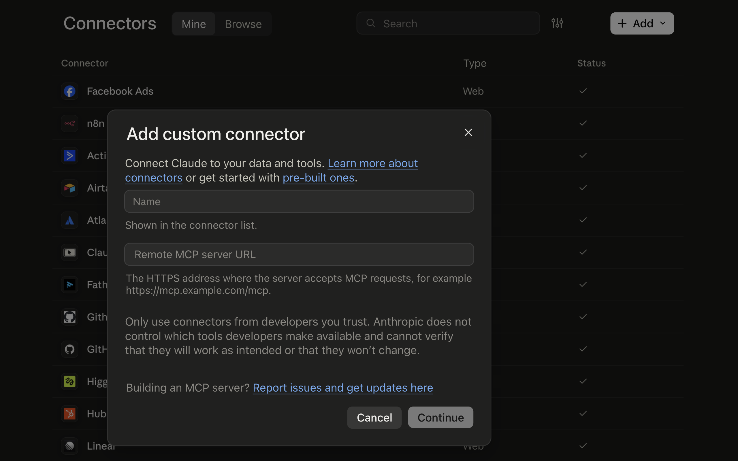 Step 1: Adding a custom connector in Claude with name and MCP server URL