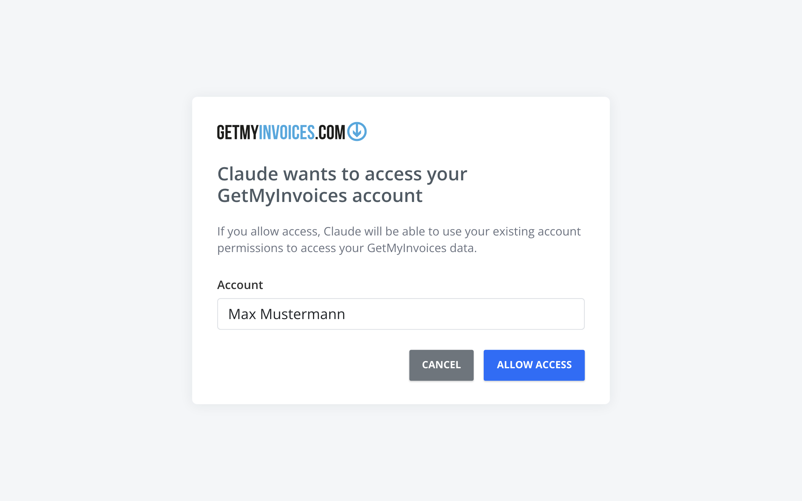 Step 2: GetMyInvoices asks whether Claude may access your GetMyInvoices account