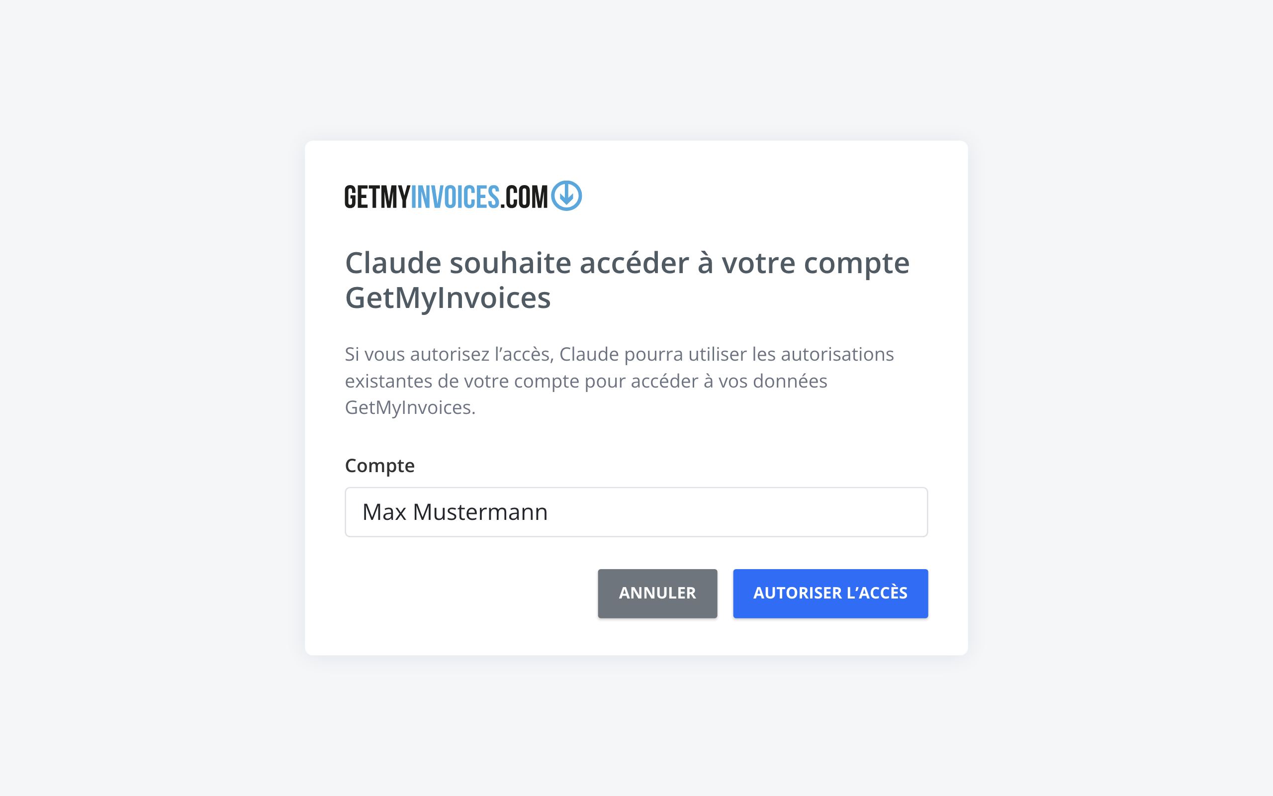 Étape 2 : GetMyInvoices demande si Claude peut accéder à votre compte GetMyInvoices