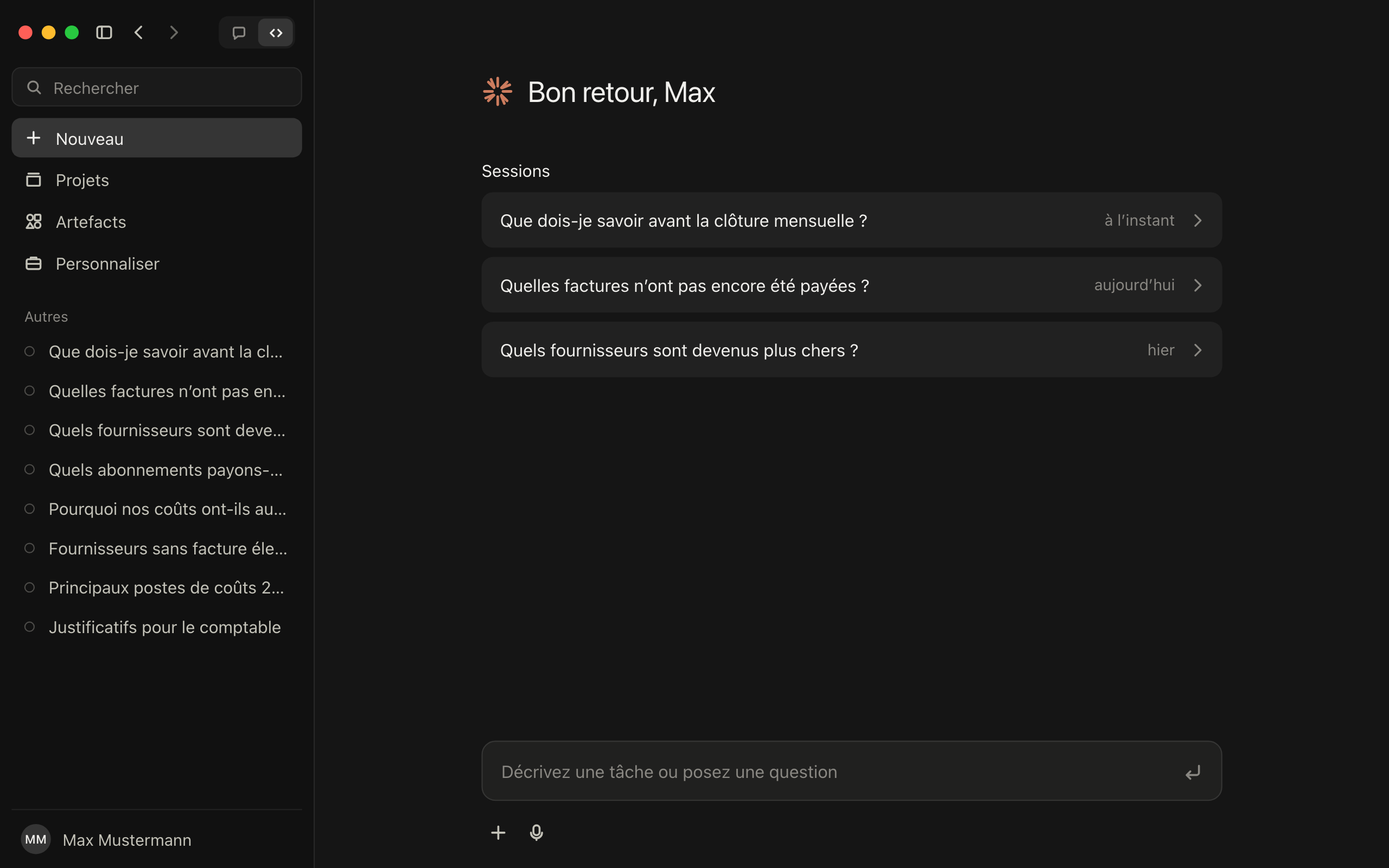 Étape 3 : Claude avec une connexion GetMyInvoices active et les premières questions