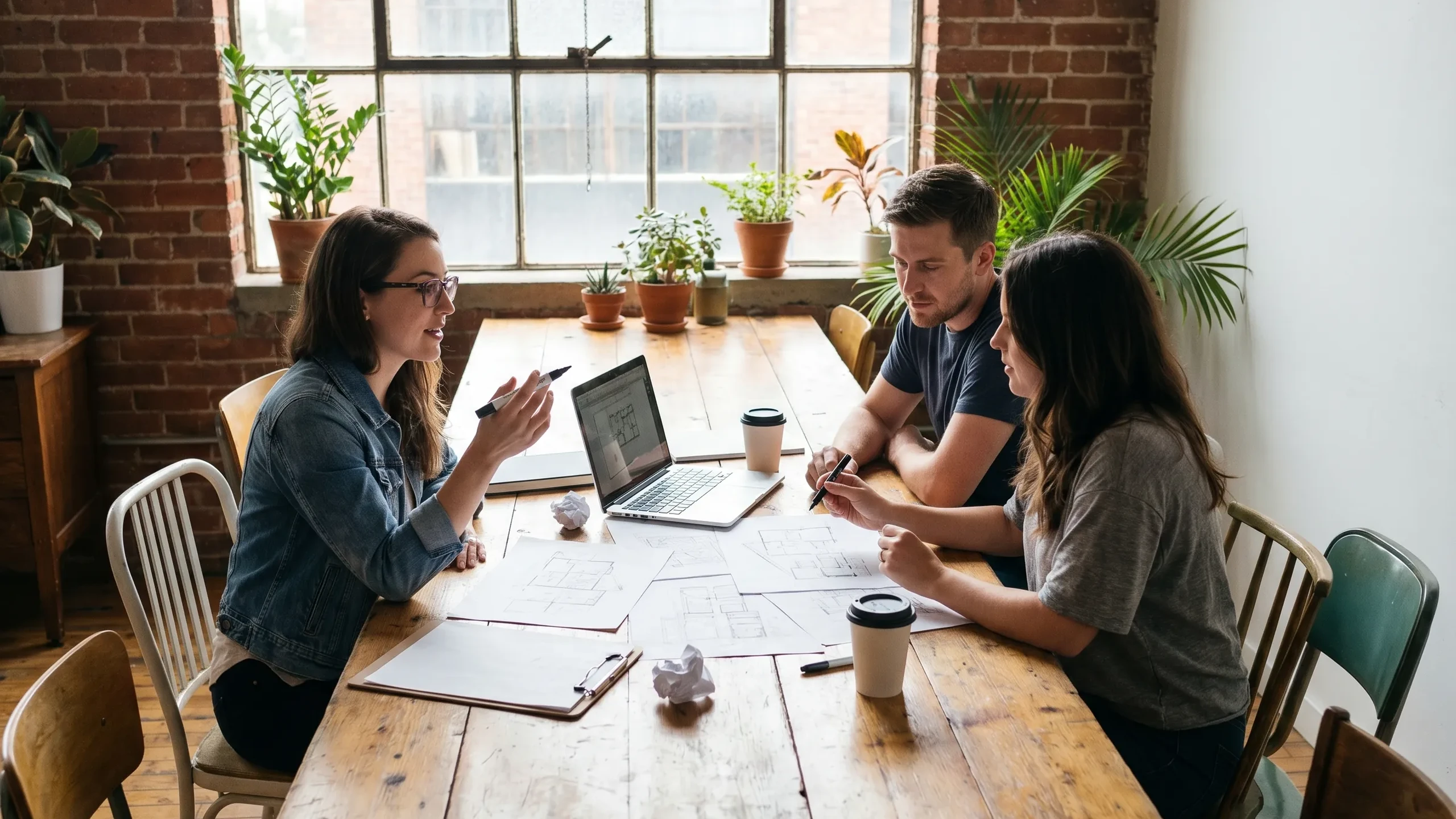 Three agency colleagues discussing drafts at a long wooden table
