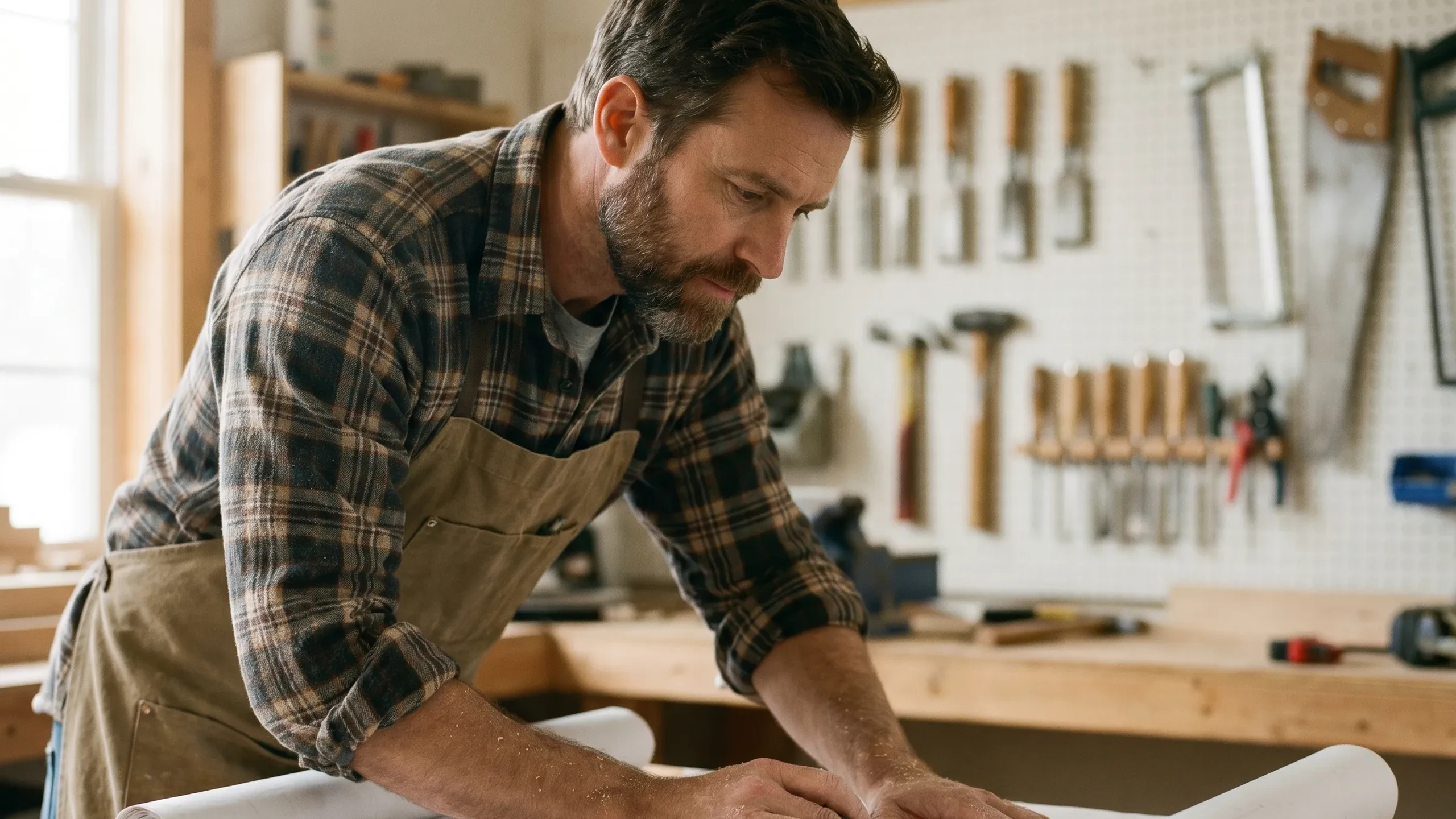 Craftsman in his workshop leaning over a plan on the workbench