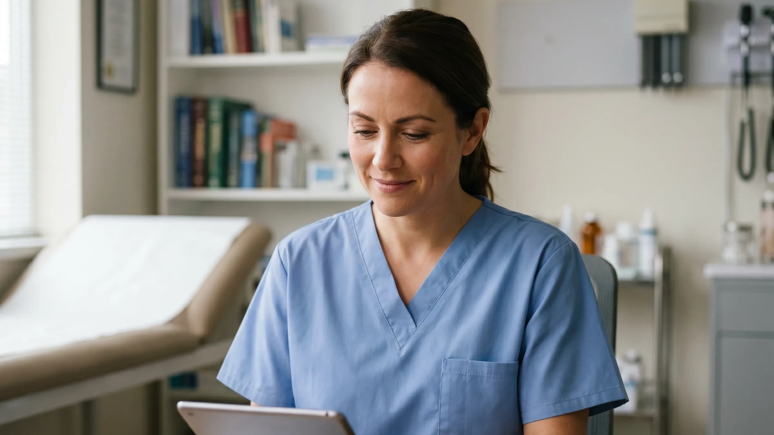 Nurse in blue scrubs smiling as she looks at her tablet
