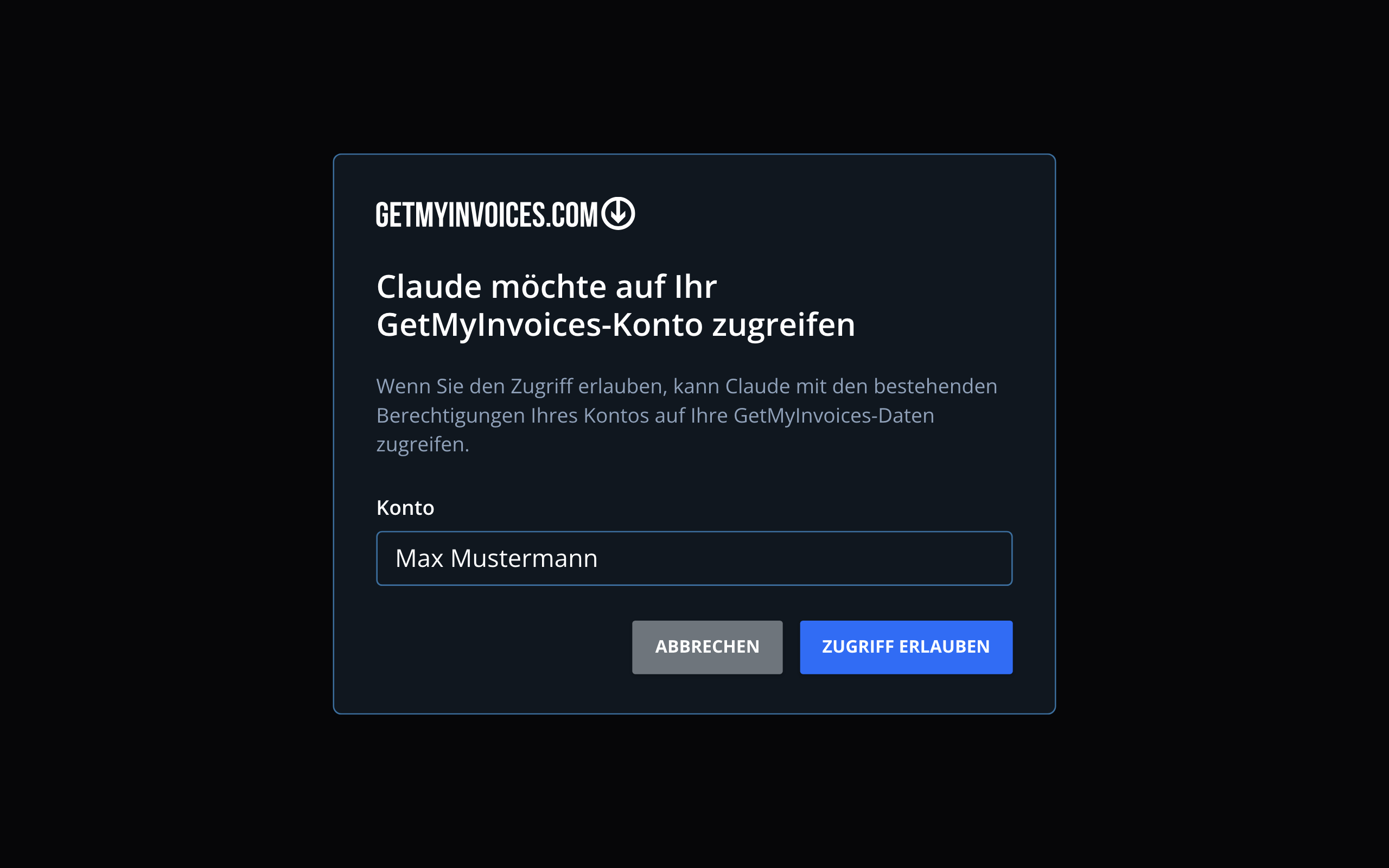Schritt 2: GetMyInvoices fragt, ob Claude auf Ihr GetMyInvoices-Konto zugreifen darf