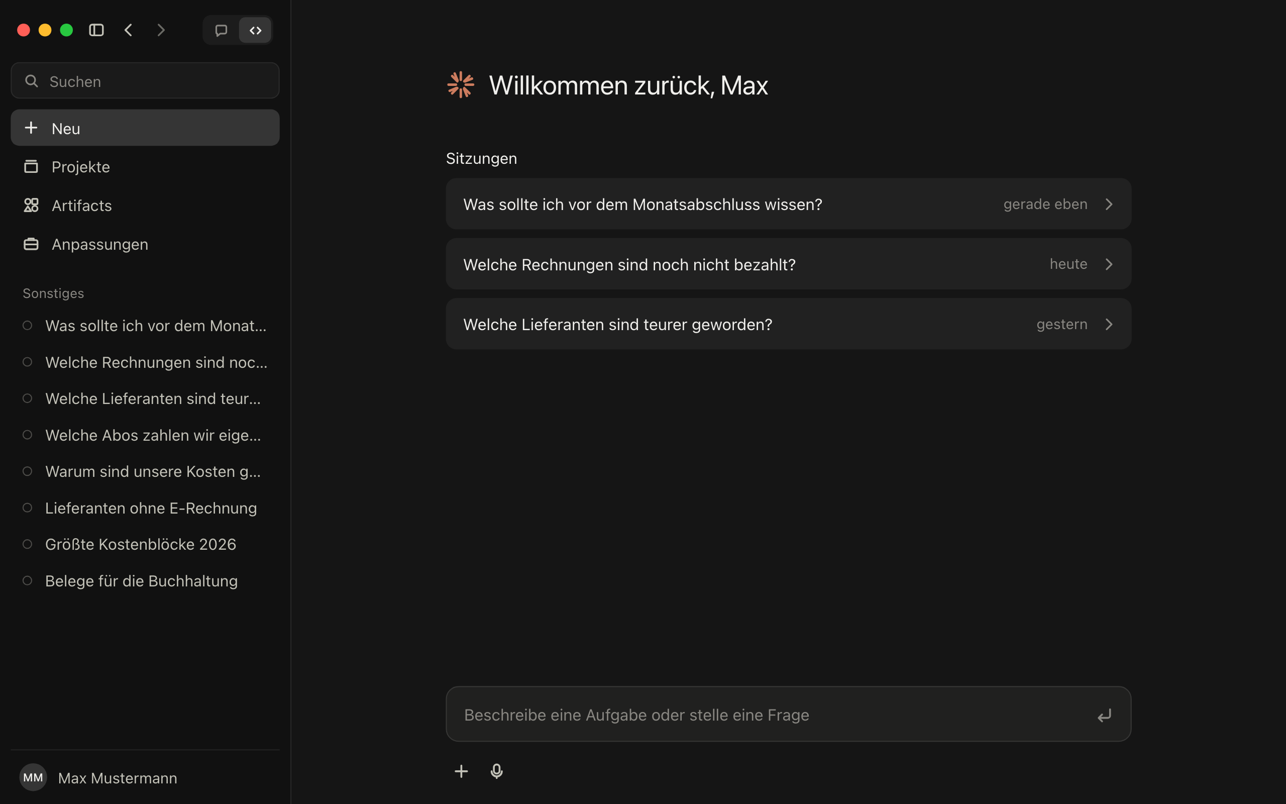 Schritt 3: Claude mit aktiver GetMyInvoices-Verbindung und ersten Fragen