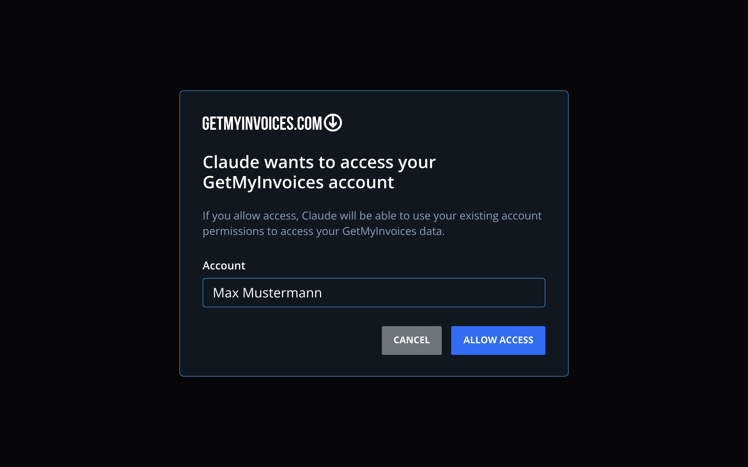 Step 2: GetMyInvoices asks whether Claude may access your GetMyInvoices account