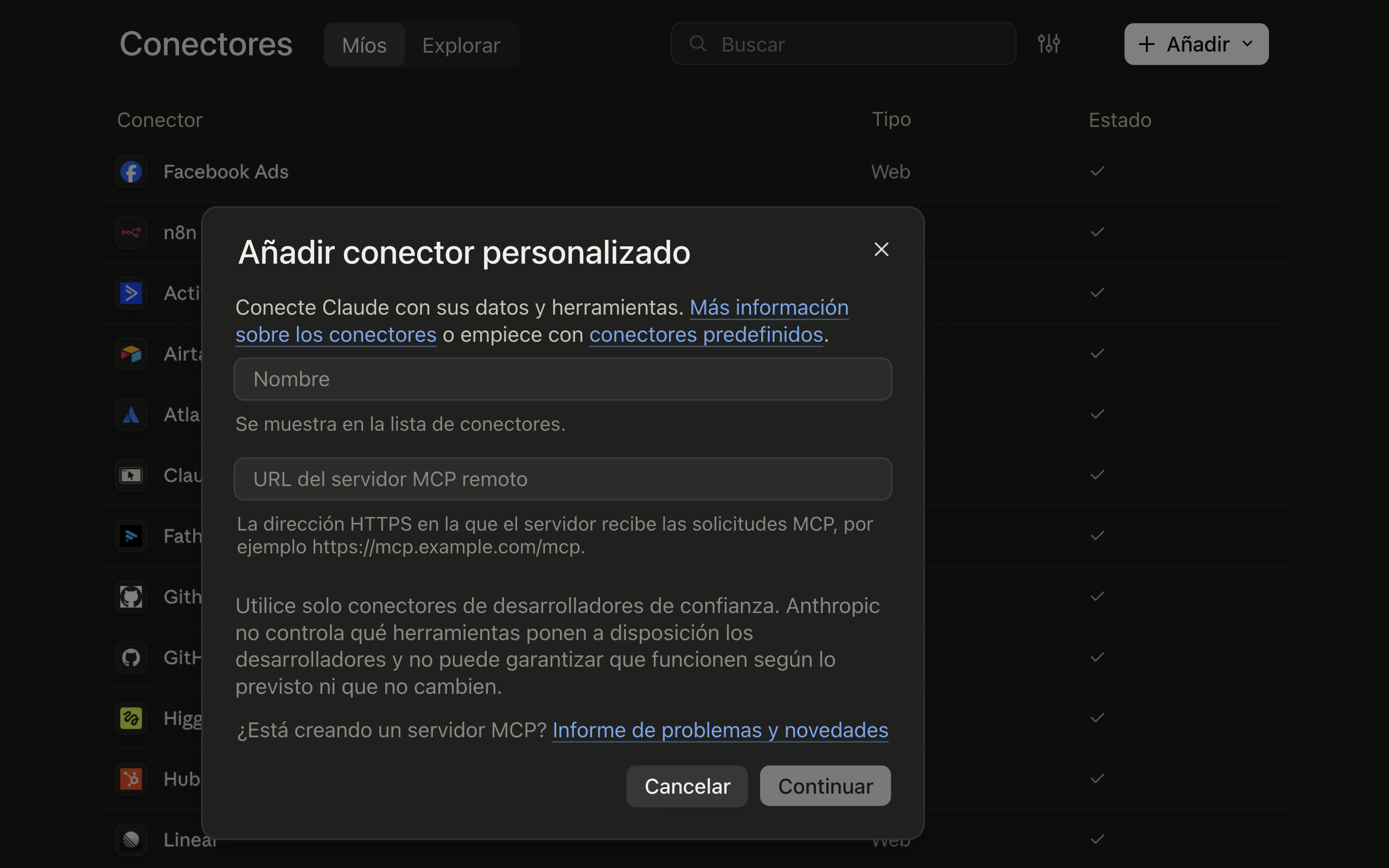 Paso 1: Añadir un conector personalizado en Claude con nombre y URL del servidor MCP