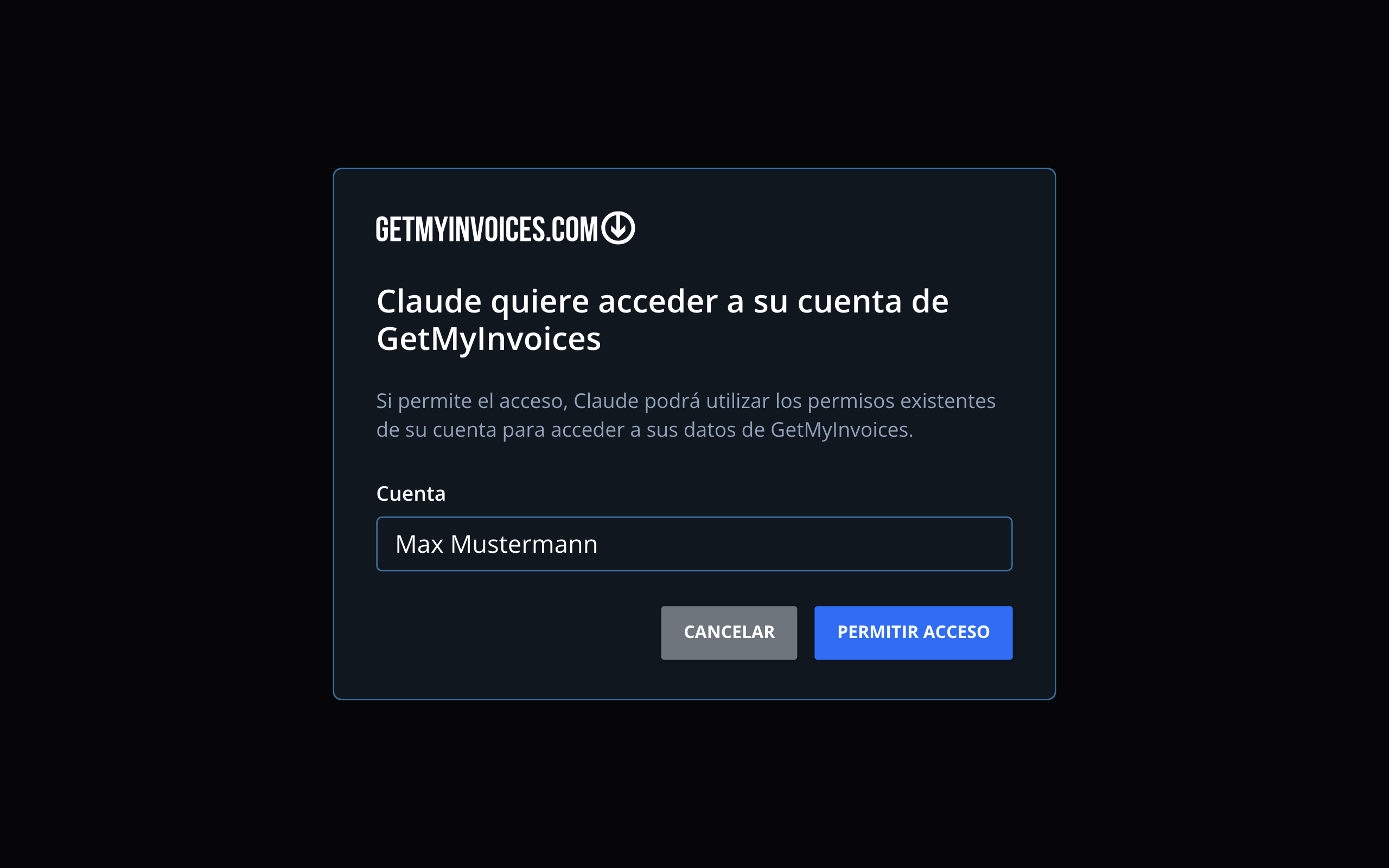 Paso 2: GetMyInvoices pregunta si Claude puede acceder a su cuenta de GetMyInvoices