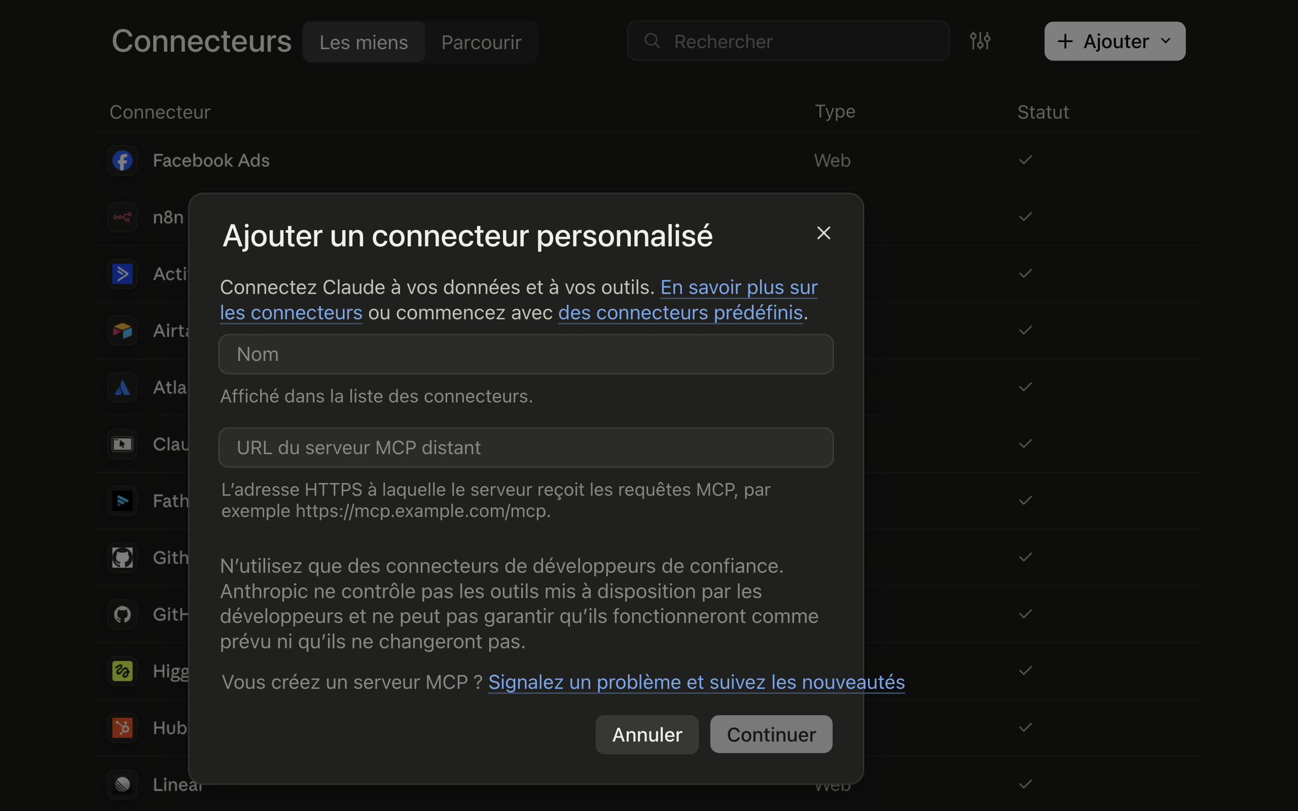 Étape 1 : ajout d’un connecteur personnalisé dans Claude avec le nom et l’URL du serveur MCP