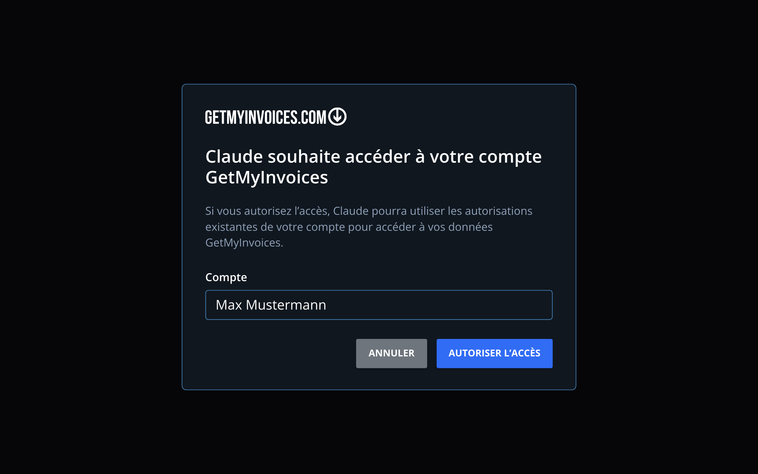 Étape 2 : GetMyInvoices demande si Claude peut accéder à votre compte GetMyInvoices