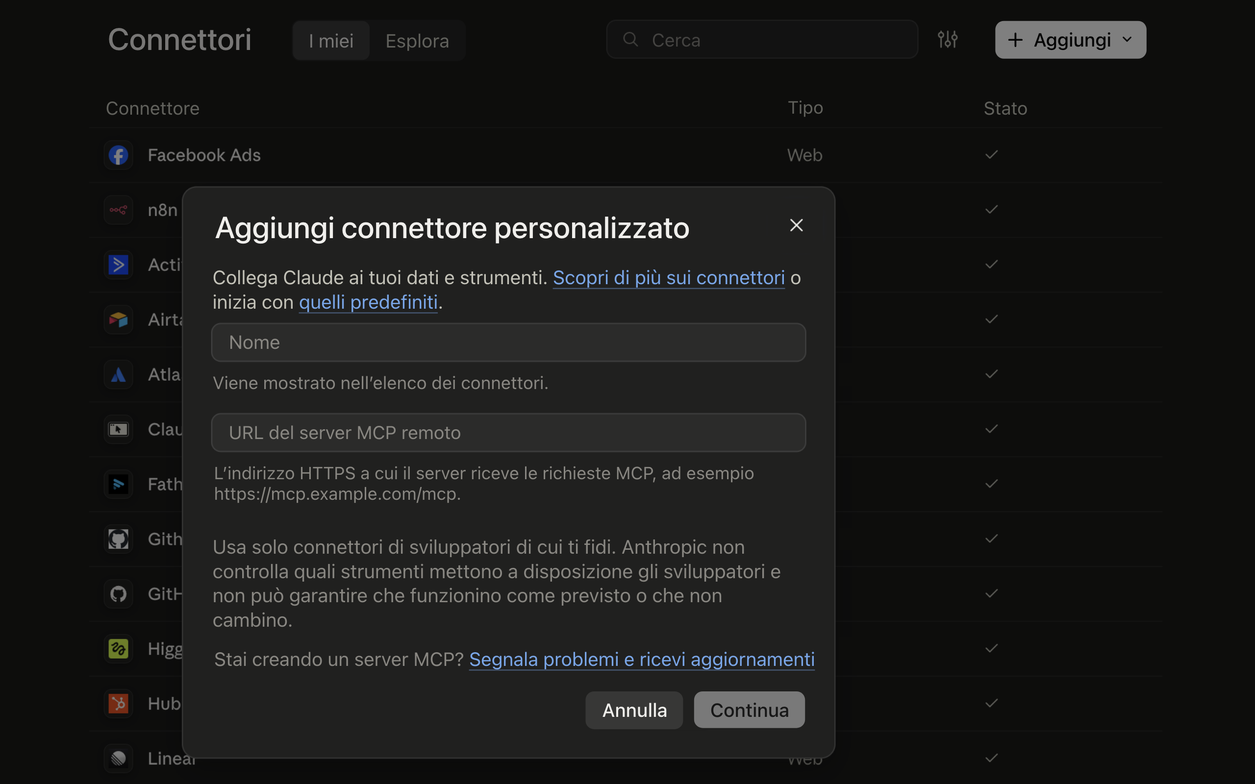 Passaggio 1: aggiungere un connettore personalizzato in Claude con nome e URL del server MCP