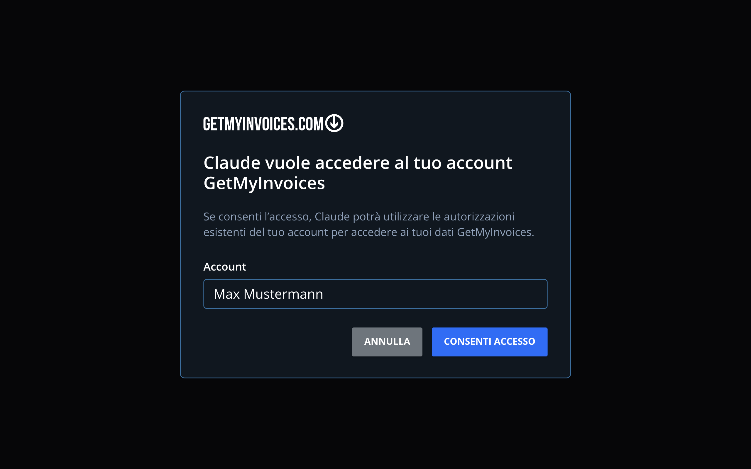 Passaggio 2: GetMyInvoices chiede se Claude può accedere al vostro account GetMyInvoices