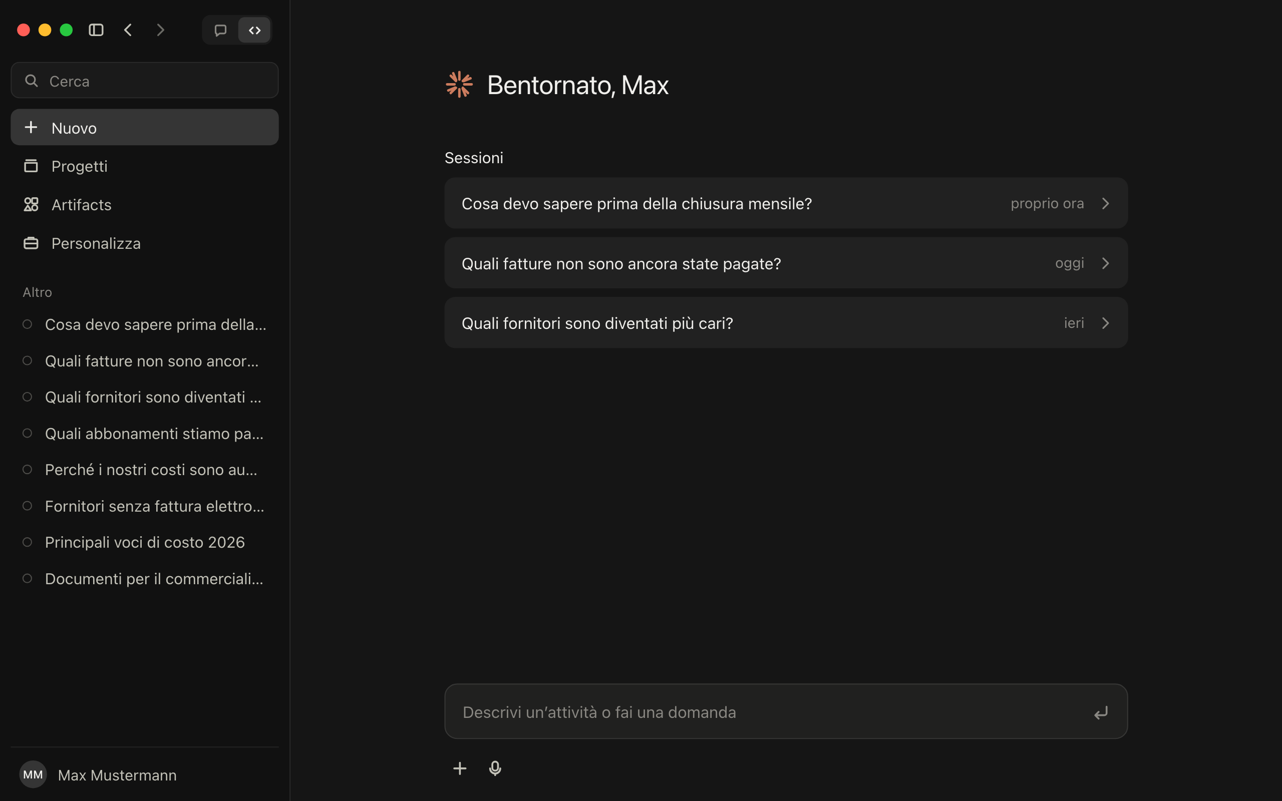 Passaggio 3: Claude con il collegamento a GetMyInvoices attivo e le prime domande