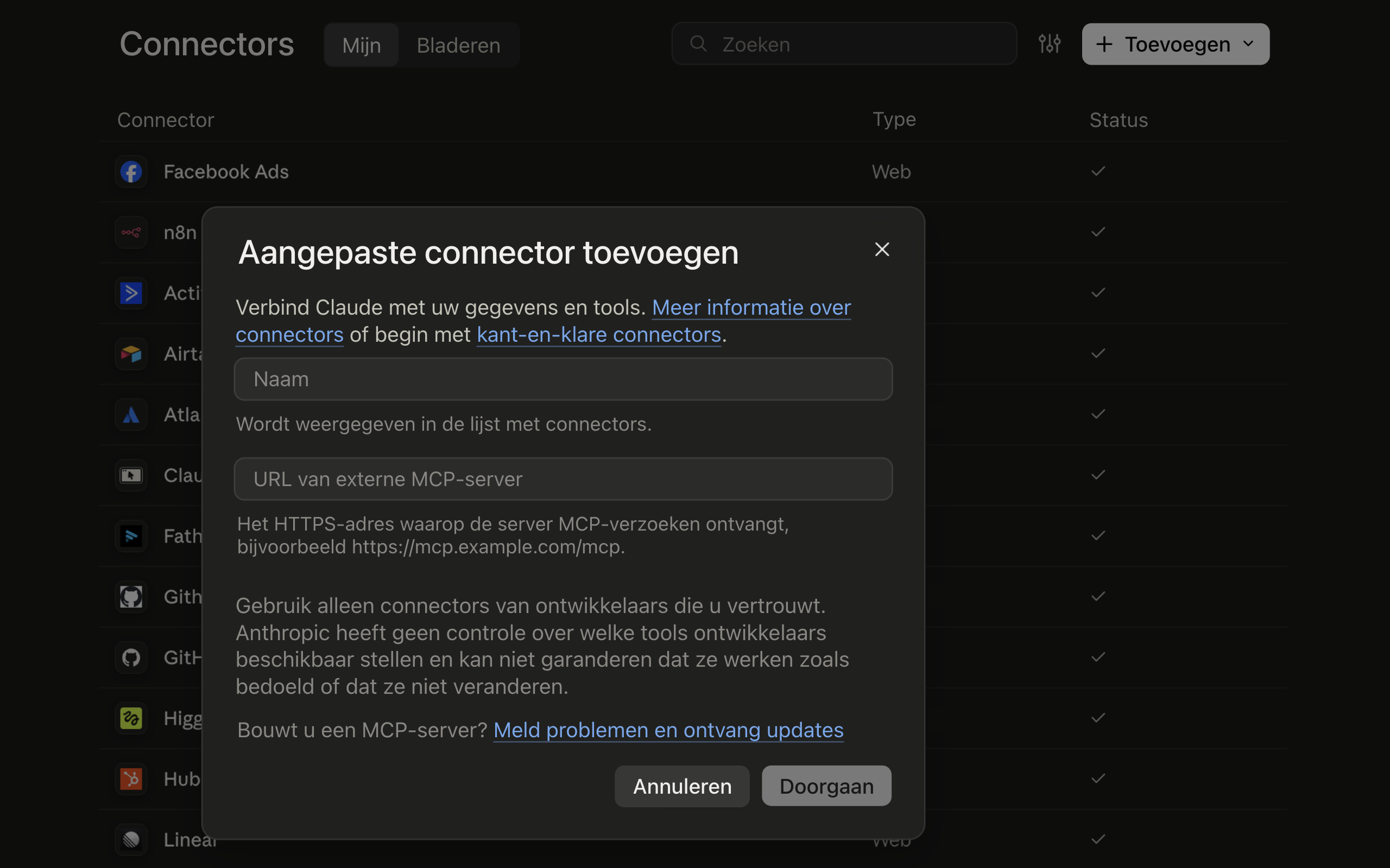 Stap 1: Aangepaste connector toevoegen in Claude met naam en URL van de MCP-server