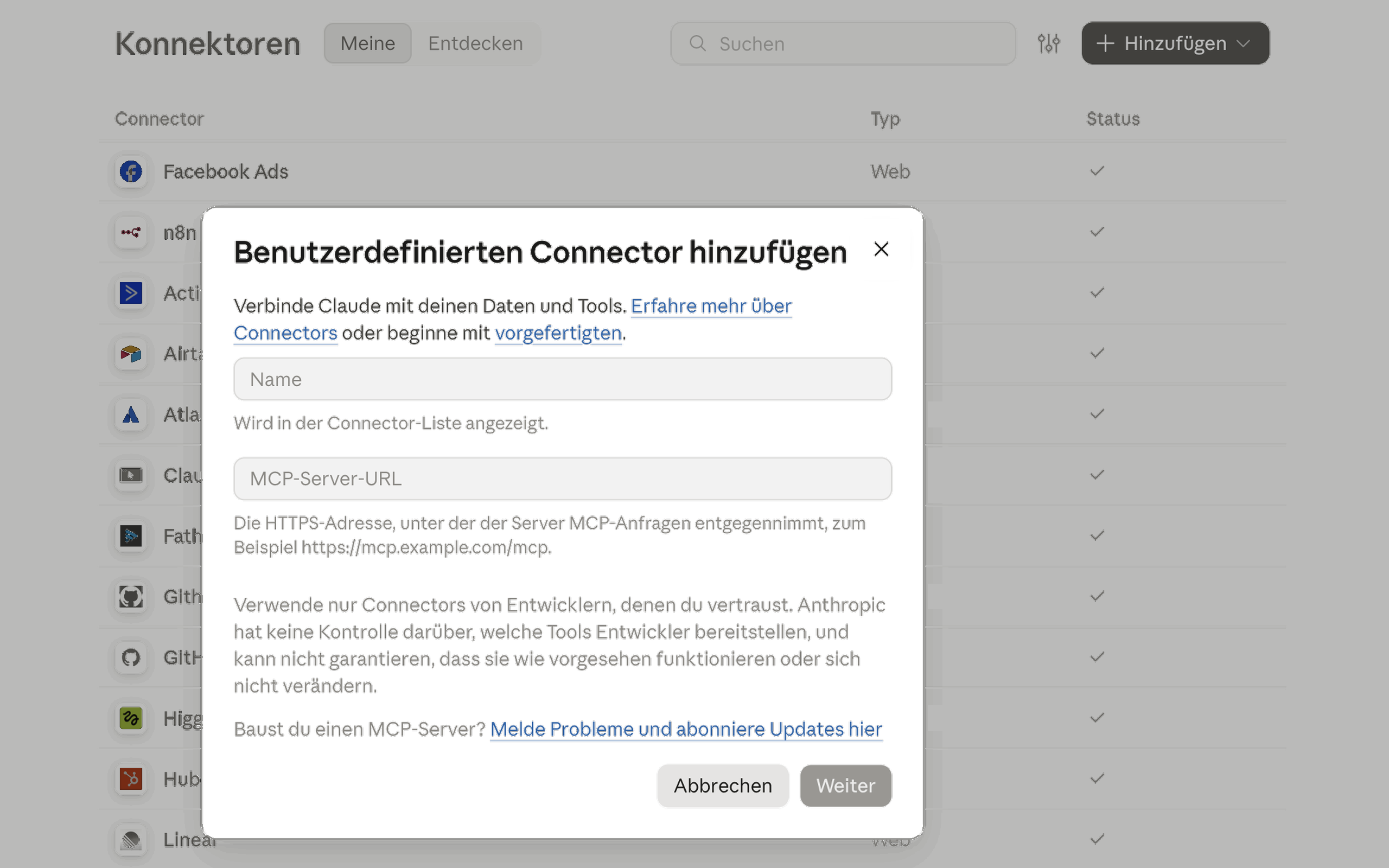 Schritt 1: Benutzerdefinierten Connector in Claude mit Name und MCP-Server-URL hinzufügen