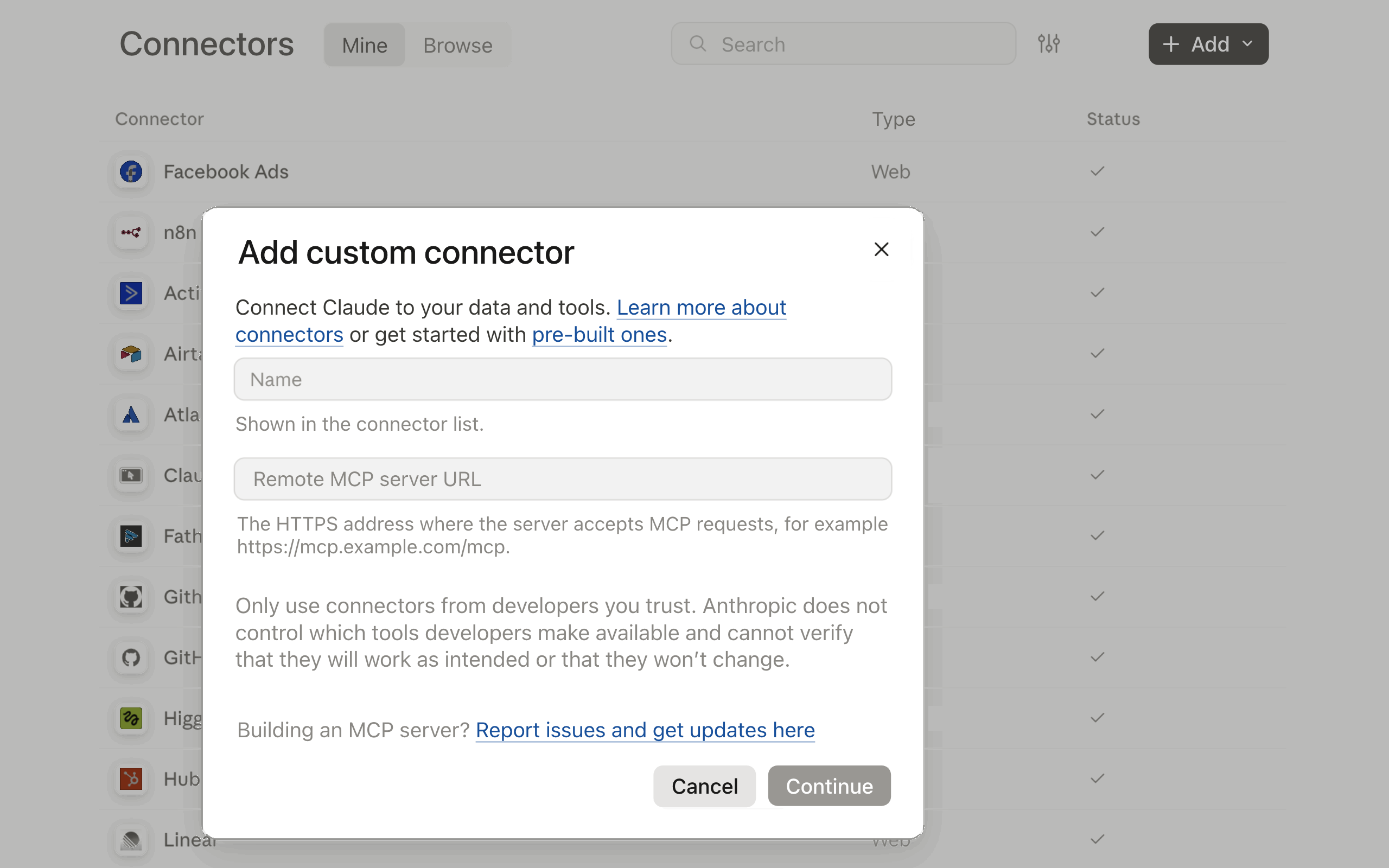 Step 1: Adding a custom connector in Claude with name and MCP server URL