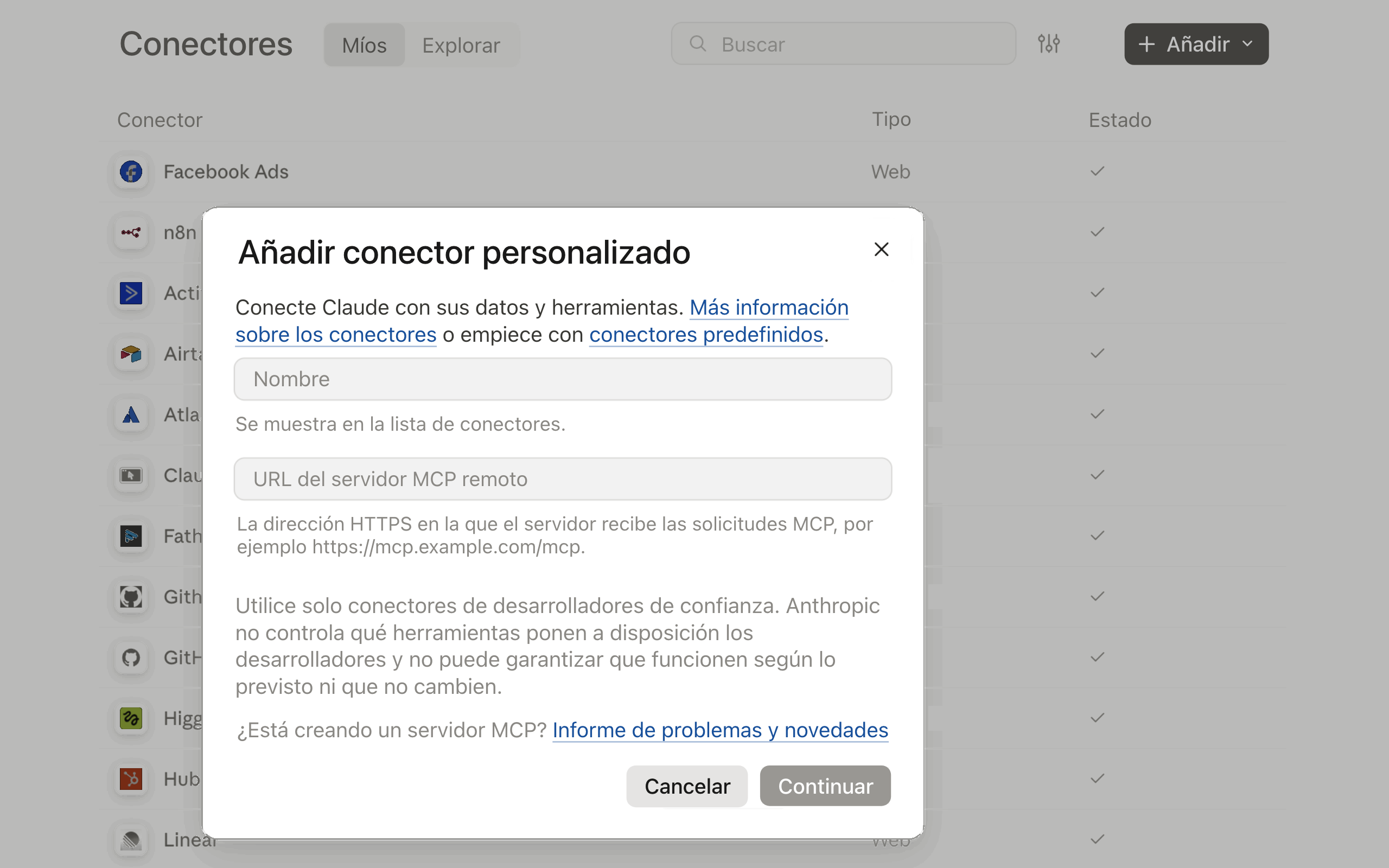Paso 1: Añadir un conector personalizado en Claude con nombre y URL del servidor MCP