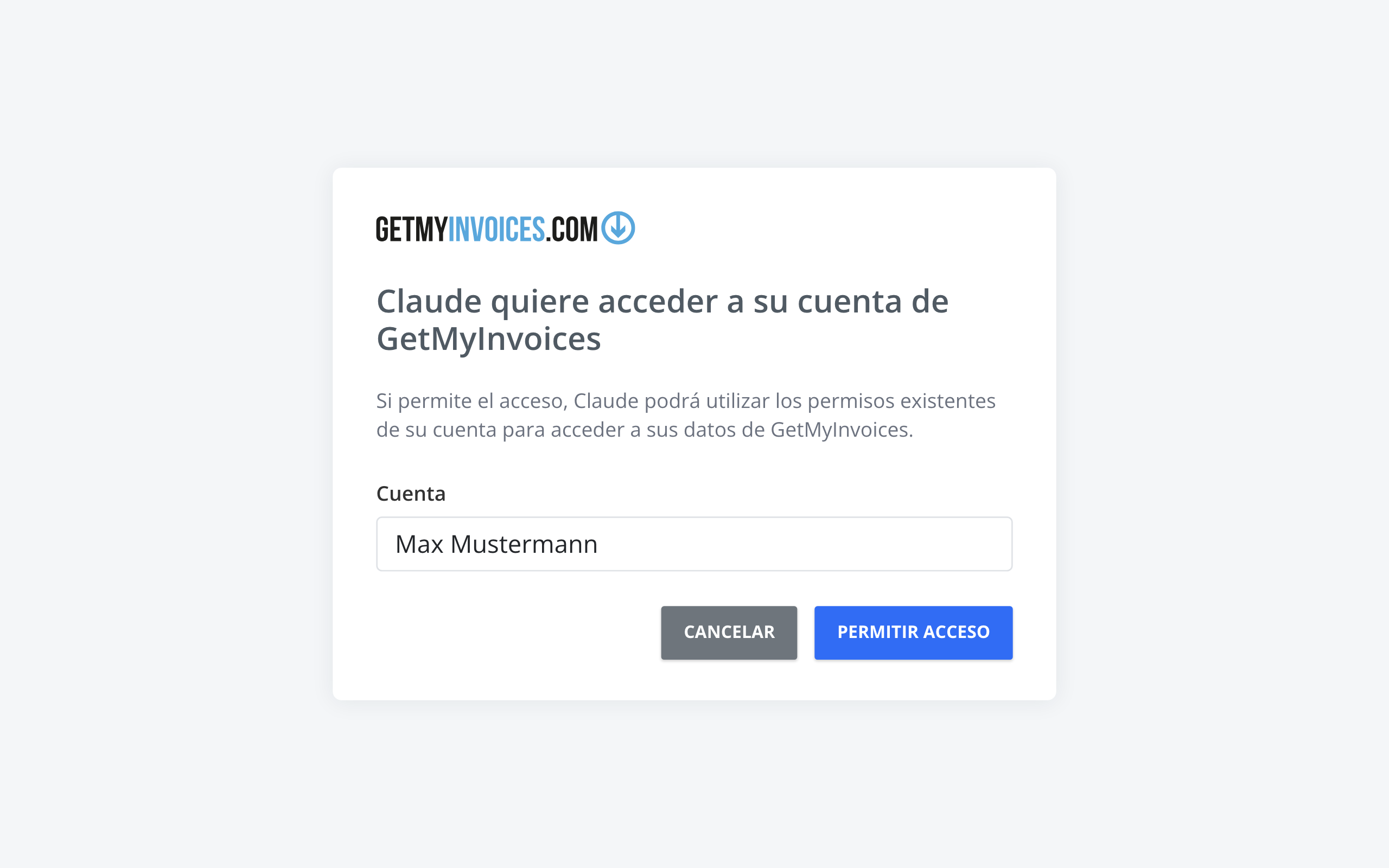 Paso 2: GetMyInvoices pregunta si Claude puede acceder a su cuenta de GetMyInvoices