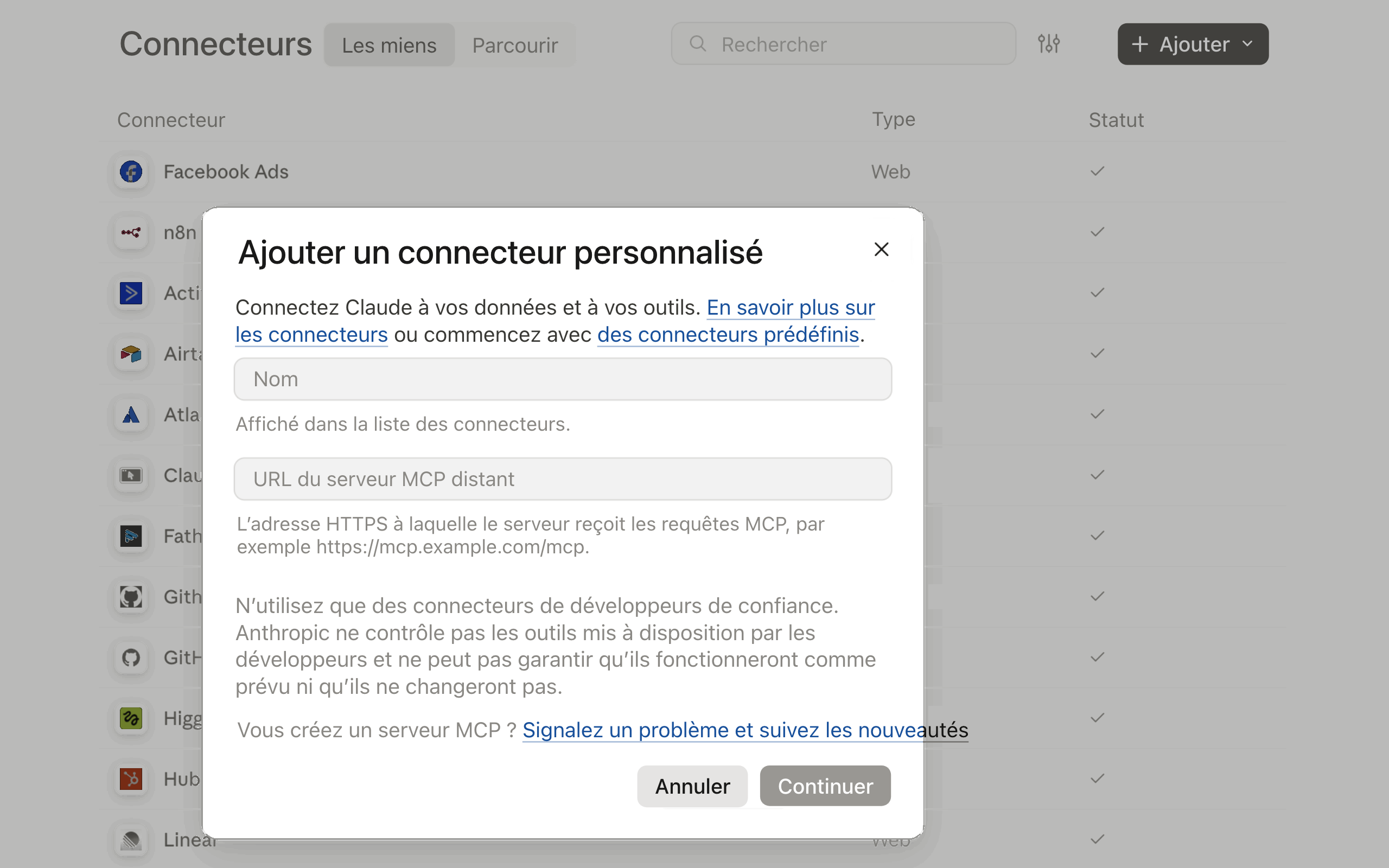 Étape 1 : ajout d’un connecteur personnalisé dans Claude avec le nom et l’URL du serveur MCP