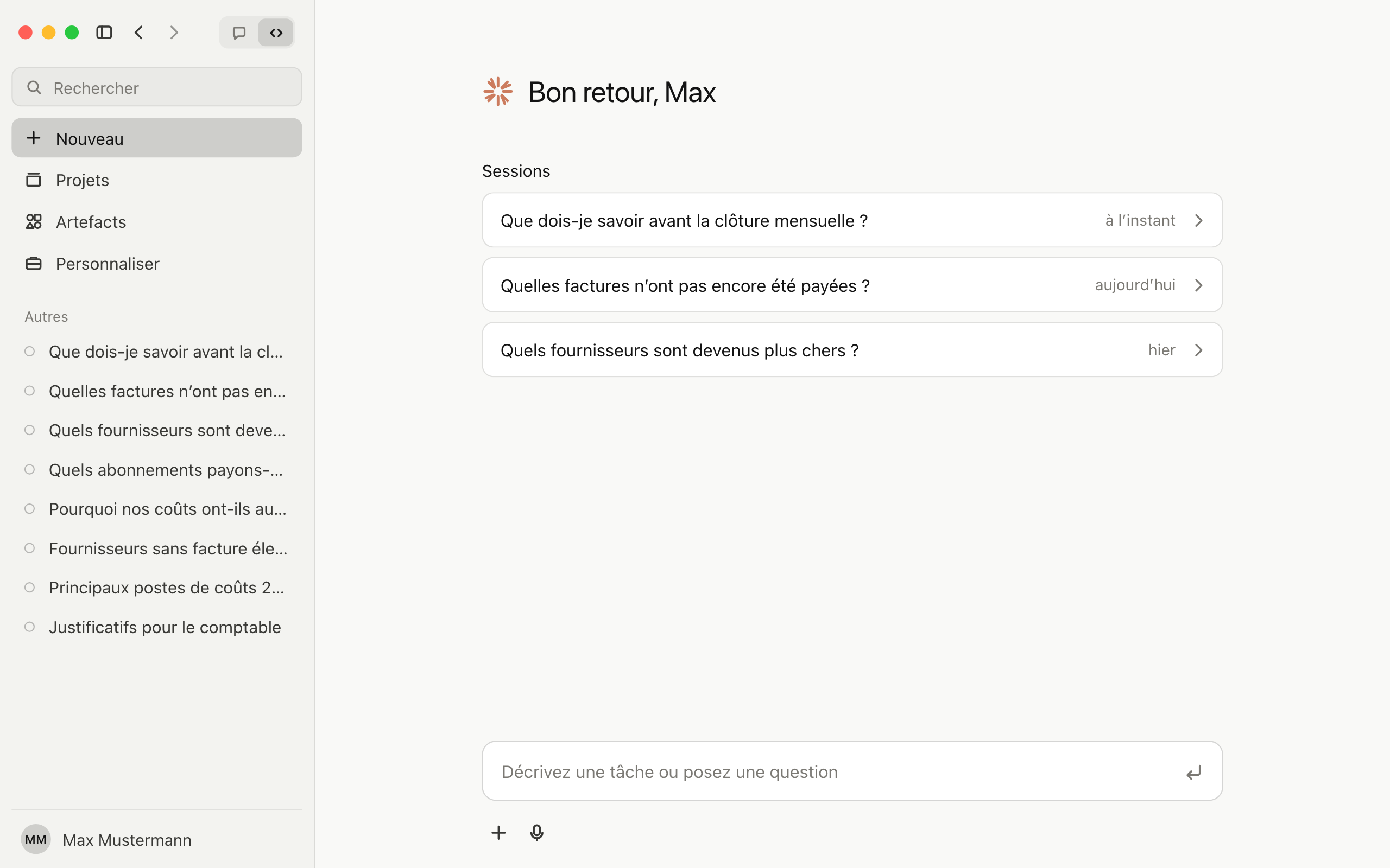 Étape 3 : Claude avec une connexion GetMyInvoices active et les premières questions
