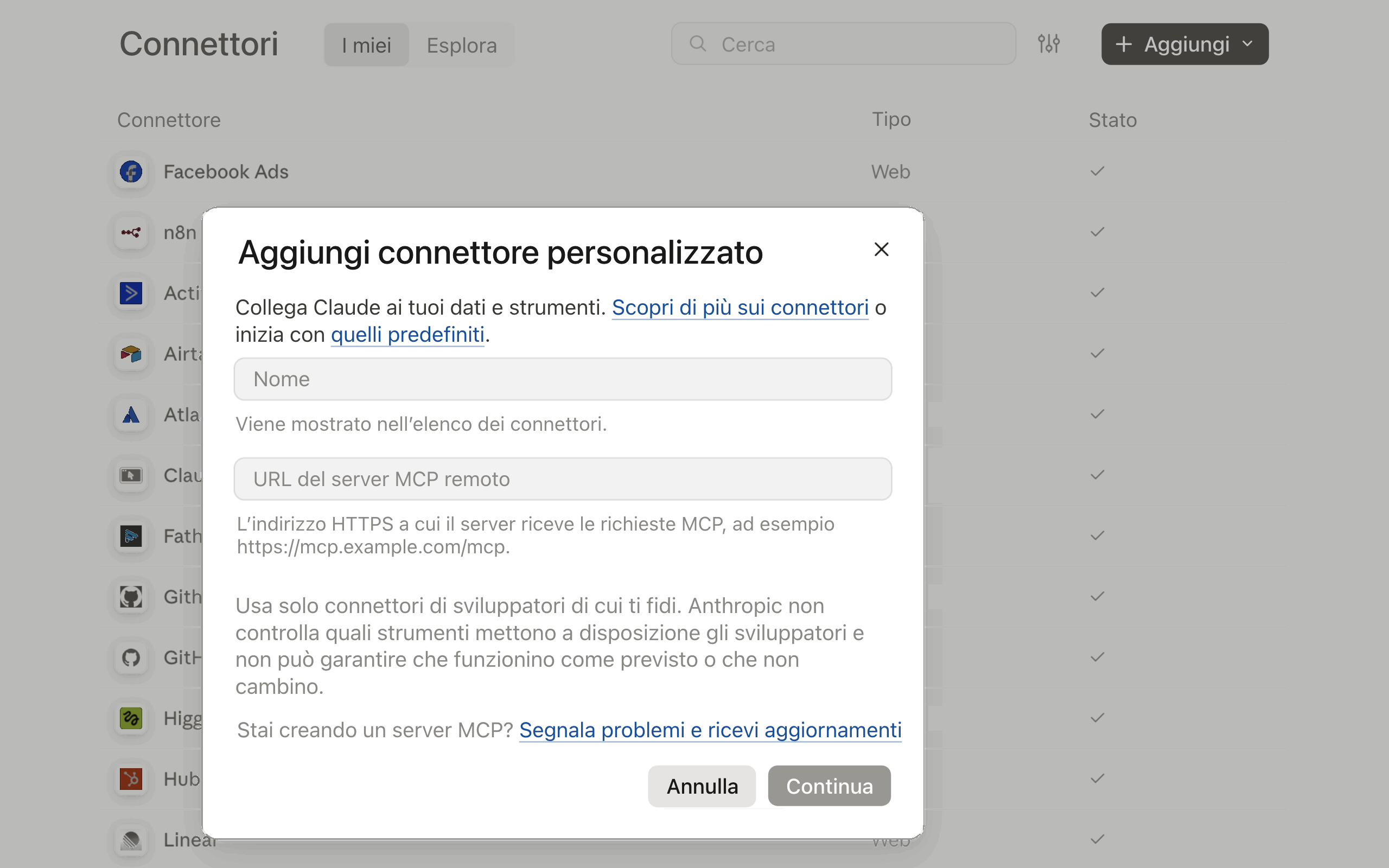 Passaggio 1: aggiungere un connettore personalizzato in Claude con nome e URL del server MCP