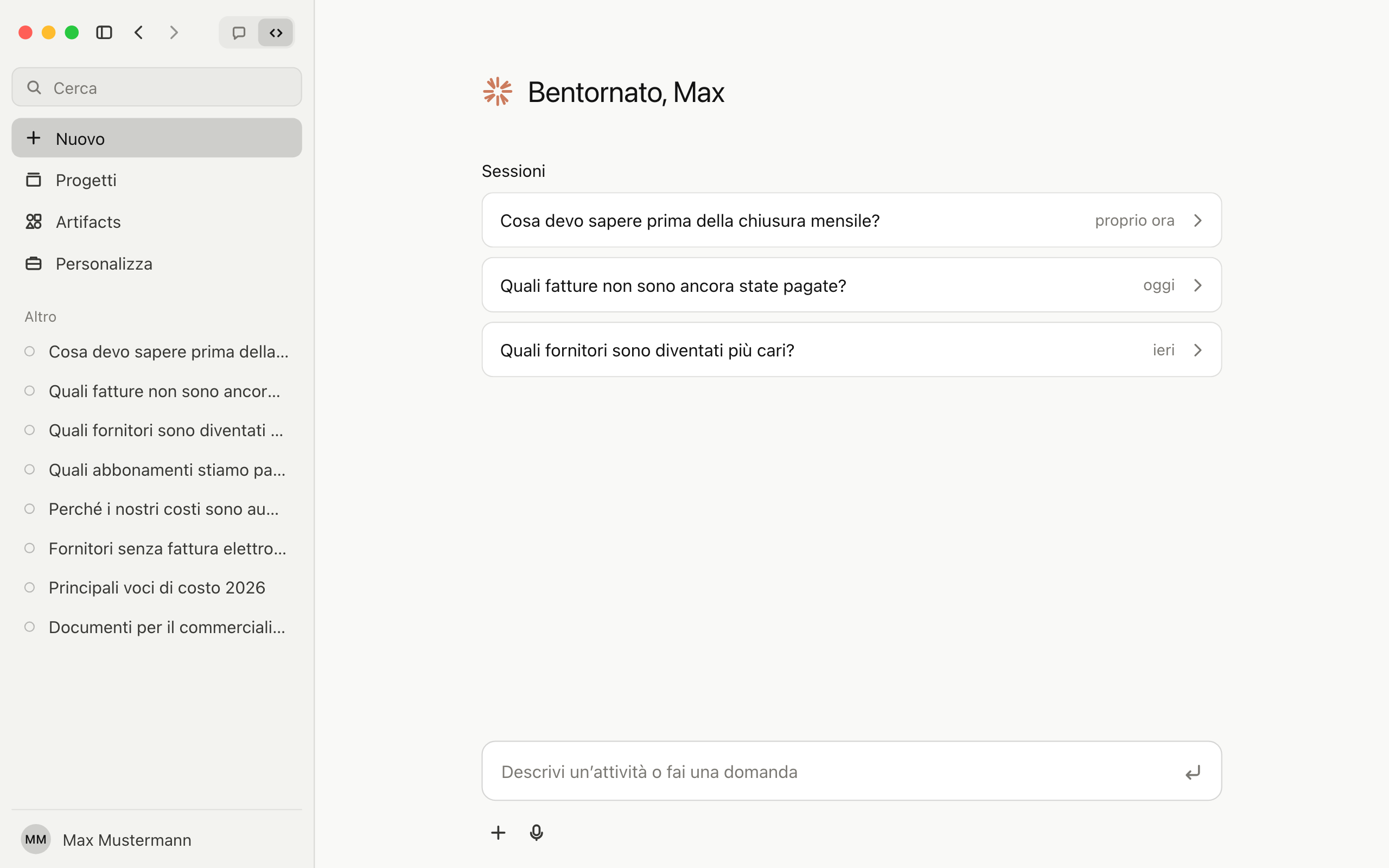 Passaggio 3: Claude con il collegamento a GetMyInvoices attivo e le prime domande