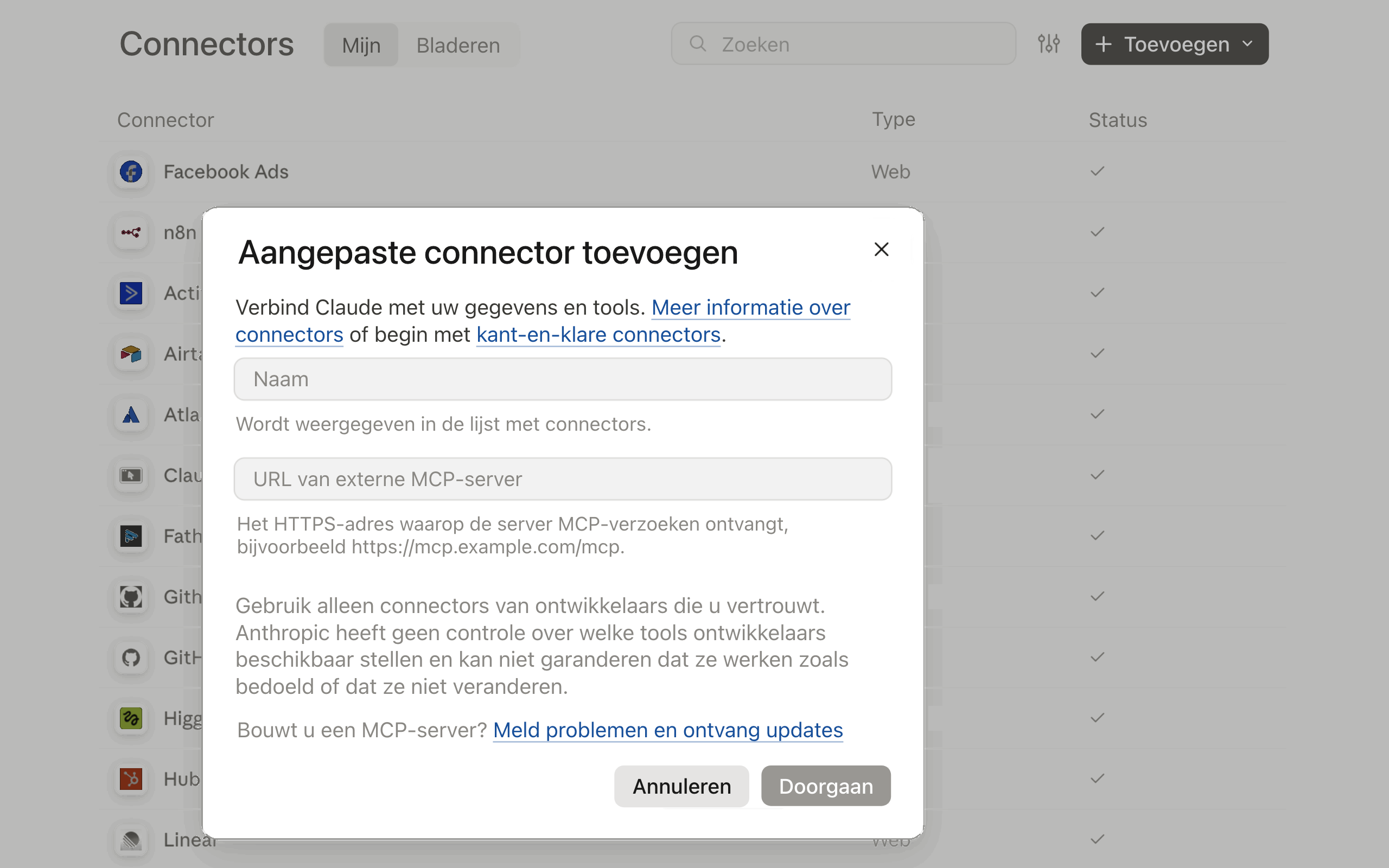 Stap 1: Aangepaste connector toevoegen in Claude met naam en URL van de MCP-server