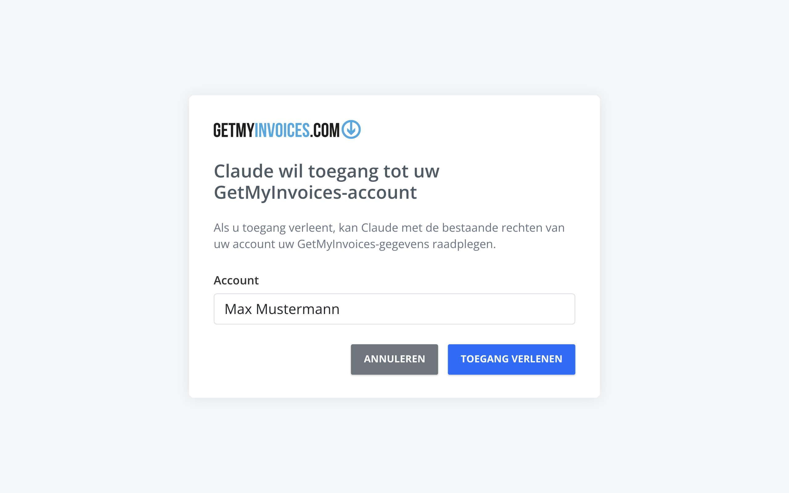 Stap 2: GetMyInvoices vraagt of Claude toegang mag krijgen tot uw GetMyInvoices-account